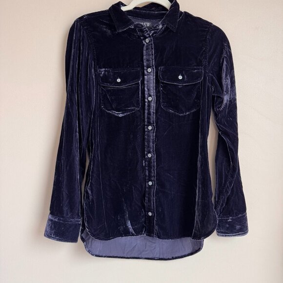 J Crew Crushed Velvet Classic Cut Y2K Blue/Purple Full Button Up Top with Collar - Picture 1 of 10